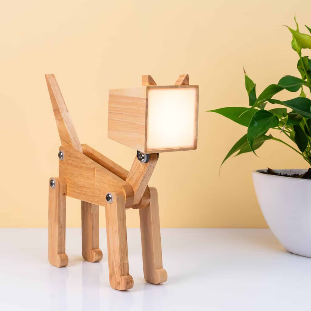 Wooden Cat Table Lamp Rechargeable